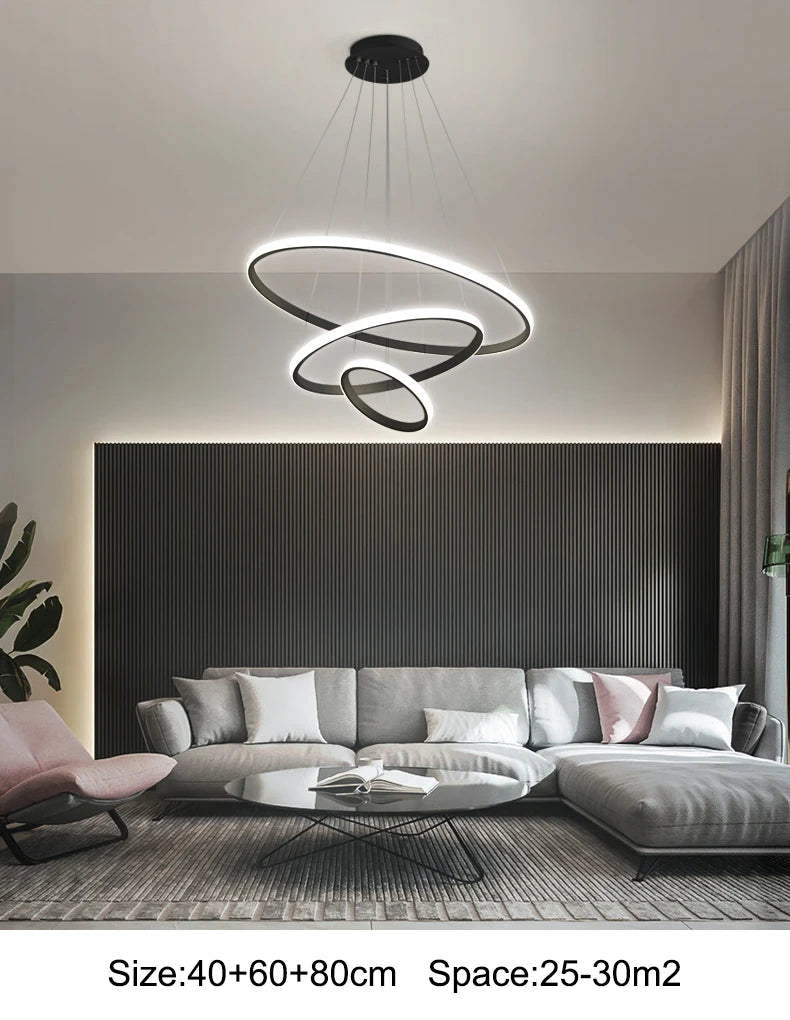 Modern Pendant Lamp Led Rings Circle Ceiling Hanging Chandelier Black Loft Living Dining Room Kitchen Indoor Lighting Fixture