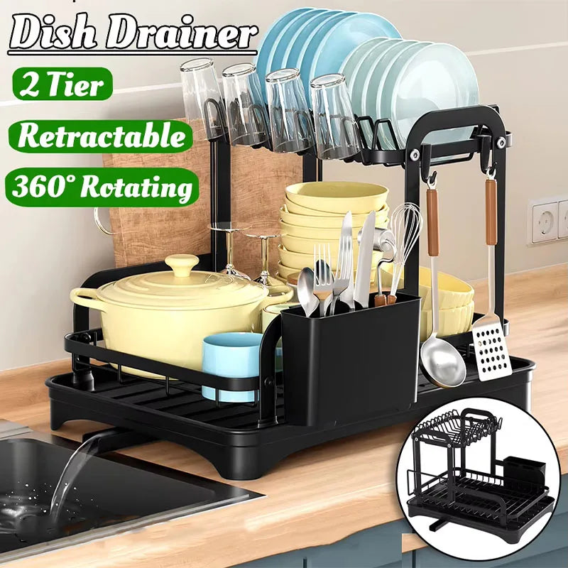 360° rotating storage rack double-layer kitchen tableware drying rack