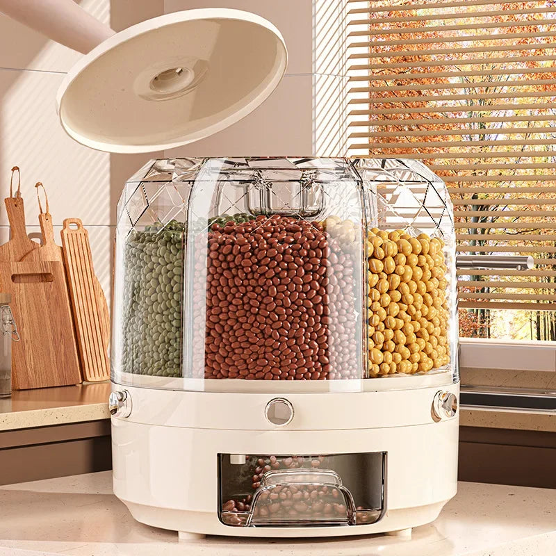 360 Degree Kitchen Coarse Grains Storage Box Rotating Rice Dispenser Sealed Dry Bucket Dispenser