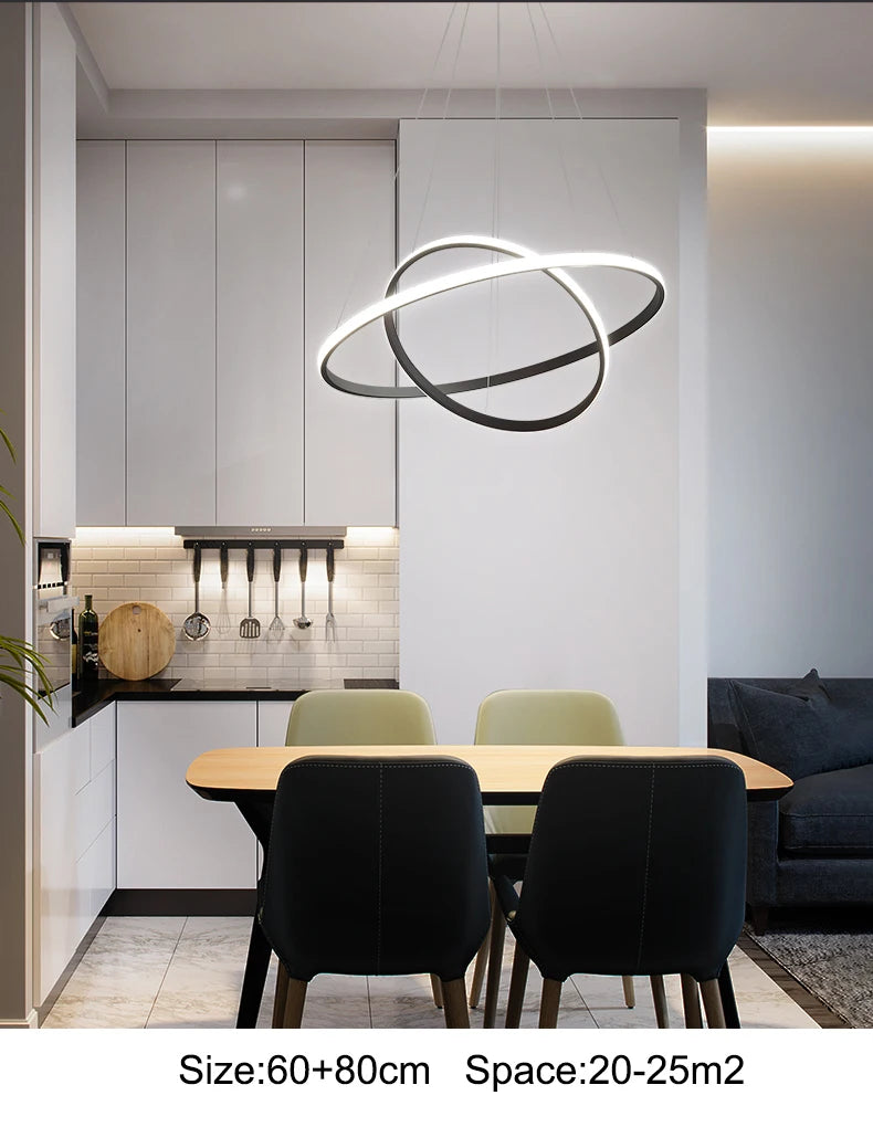 Modern Pendant Lamp Led Rings Circle Ceiling Hanging Chandelier Black Loft Living Dining Room Kitchen Indoor Lighting Fixture