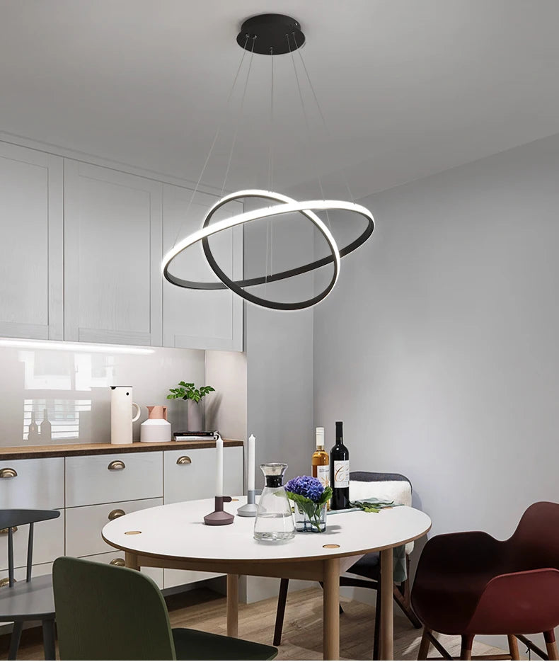 Modern Pendant Lamp Led Rings Circle Ceiling Hanging Chandelier Black Loft Living Dining Room Kitchen Indoor Lighting Fixture