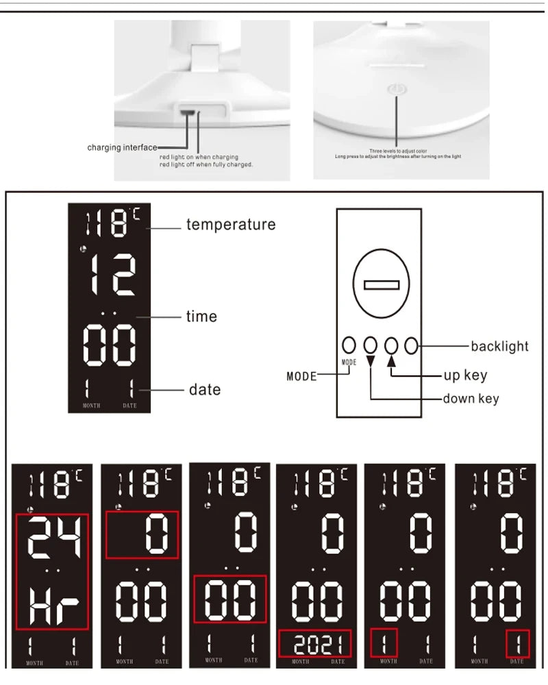 180 Rechargeable LED Clock Dimmable Desk Lamp Rotating Foldable Desktop Reading Night Light Eye Protection