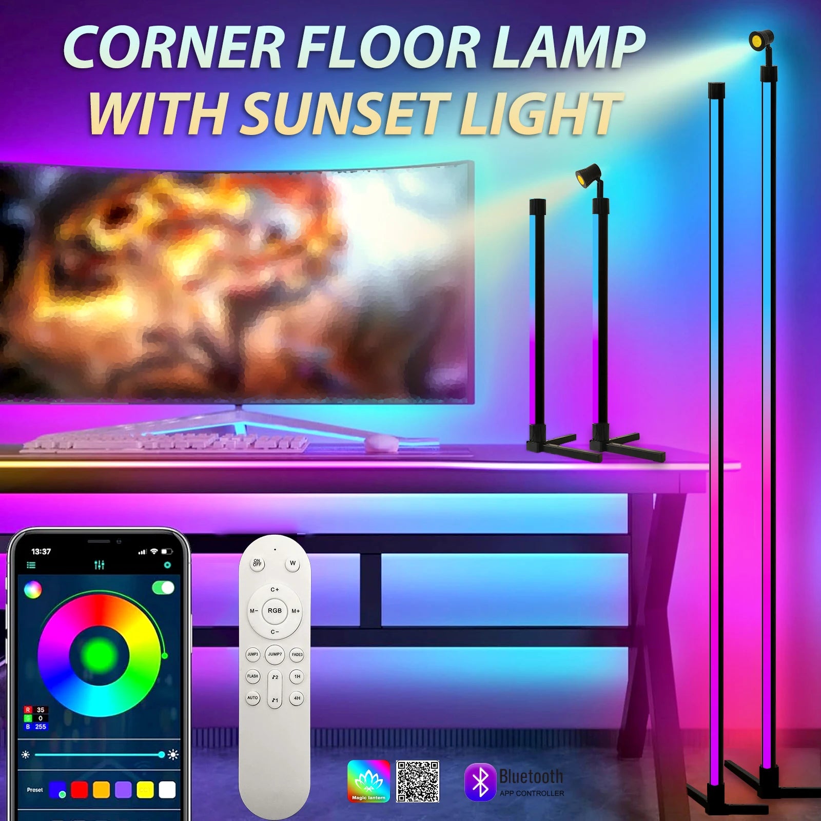 Smart RGB Dream Color LED Floor Lamp APP & Remote Control with Music Sync 16 Million Color Change Standing Mood Light Desk Lamp