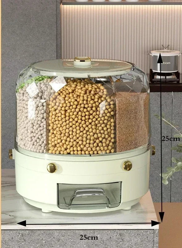 360 Degree Kitchen Coarse Grains Storage Box Rotating Rice Dispenser Sealed Dry Bucket Dispenser