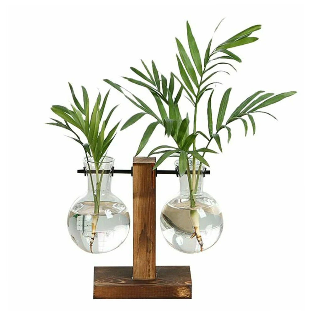 Creative Glass Desktop Planter Bulb Vase Wooden Stand Hydroponic Plant Container Decor