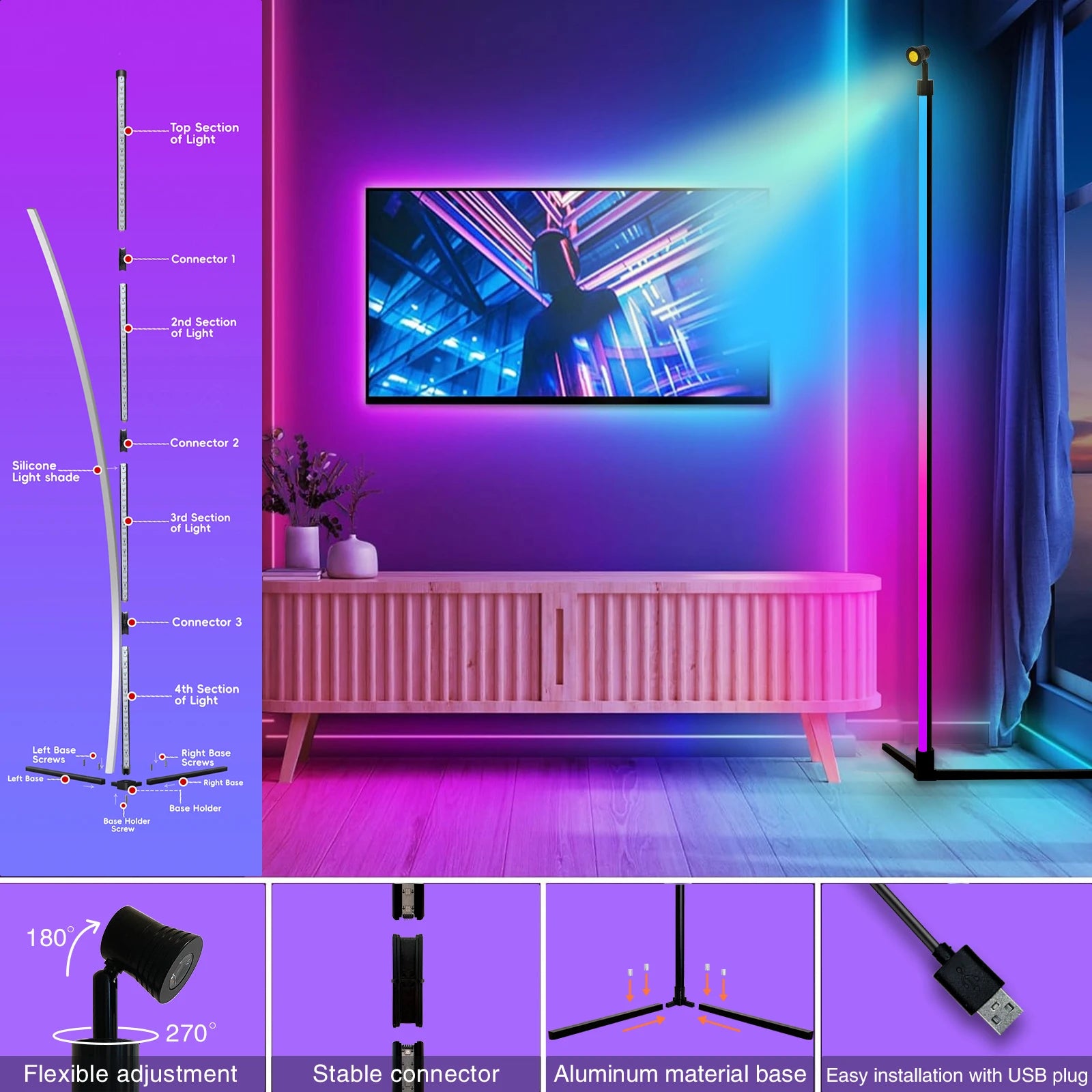 Smart RGB Dream Color LED Floor Lamp APP & Remote Control with Music Sync 16 Million Color Change Standing Mood Light Desk Lamp